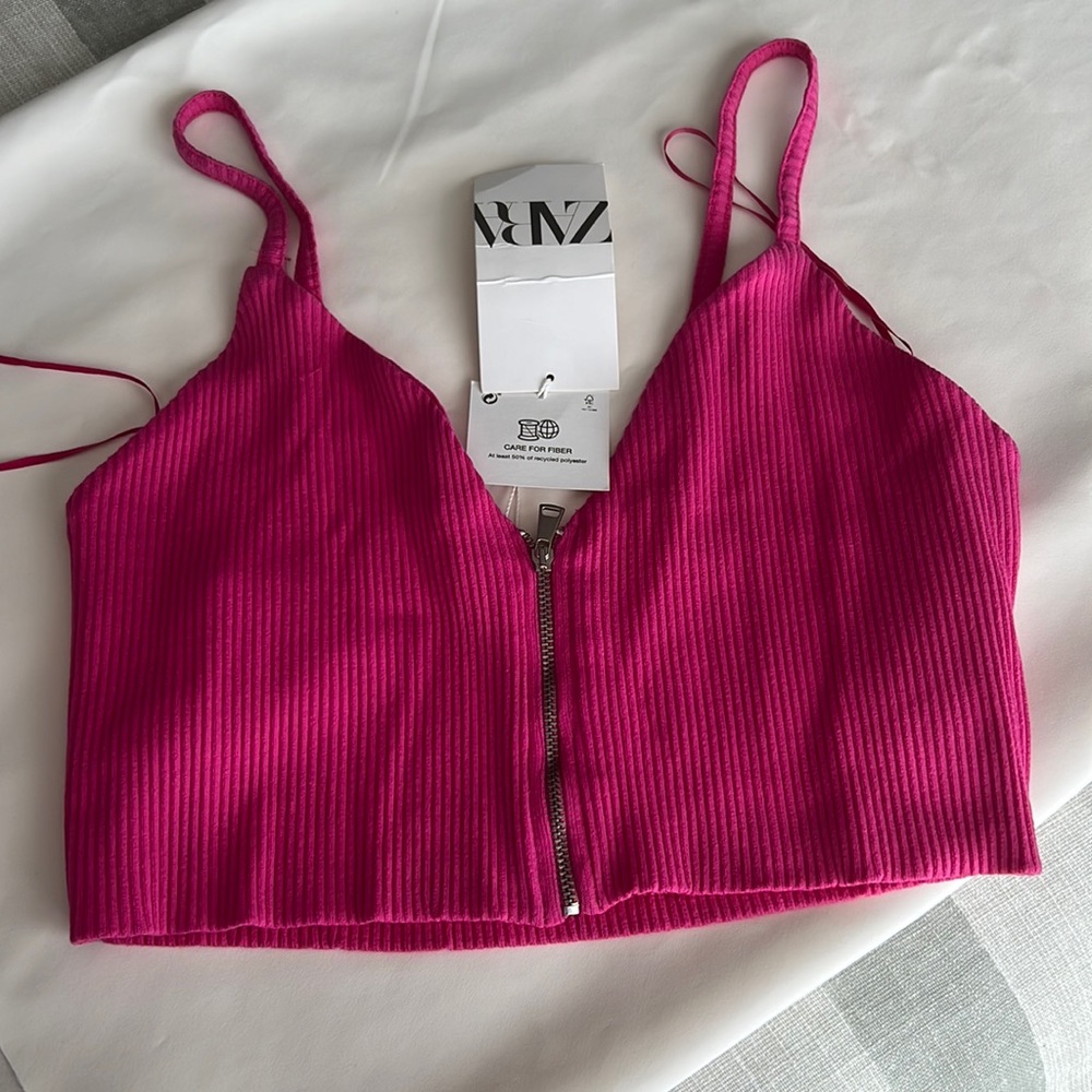 Zara Hot Pink Ribbed Zip-Front Crop Top